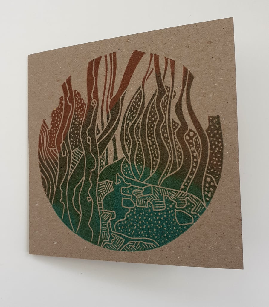 Woodland path, lino printed card.