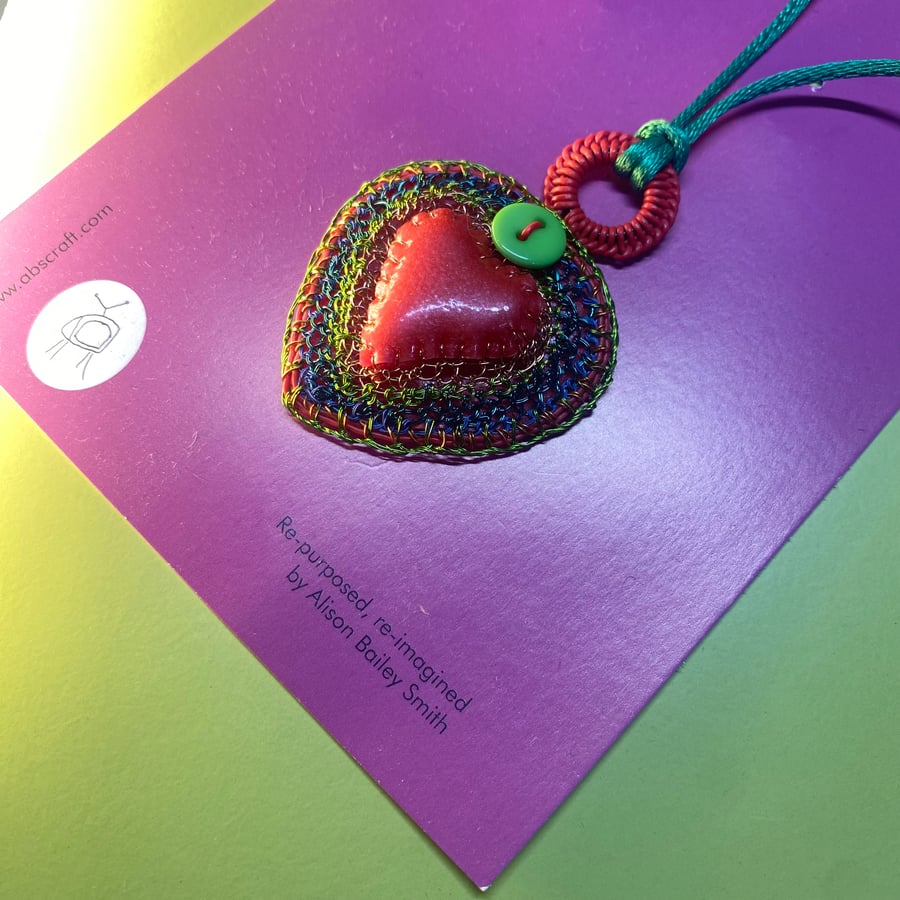 Large red rubber and wire heart pendant from recycled materials