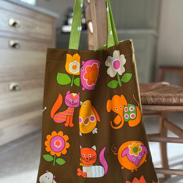 Retro vintage animal and spotty cotton tote bag