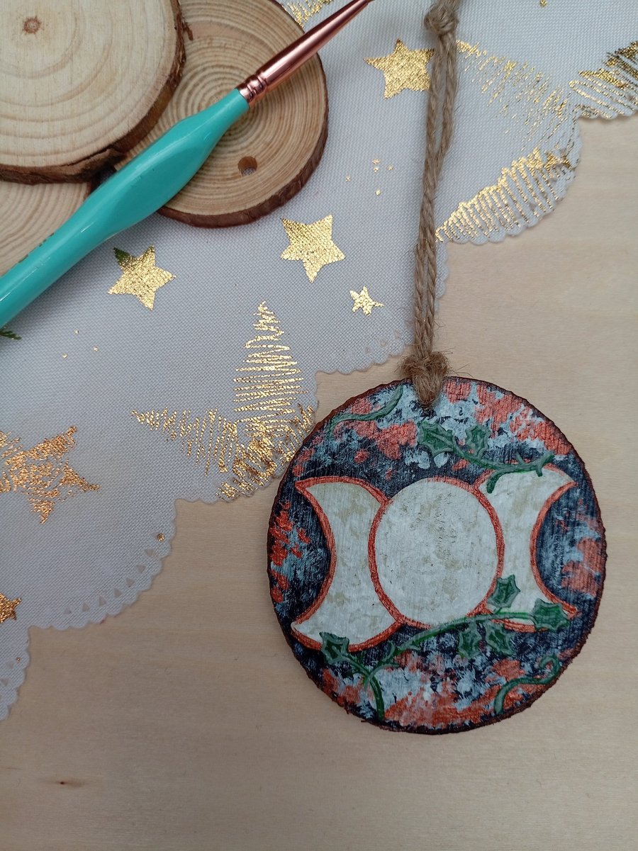 Triple moon hand painted wood slice decoration 