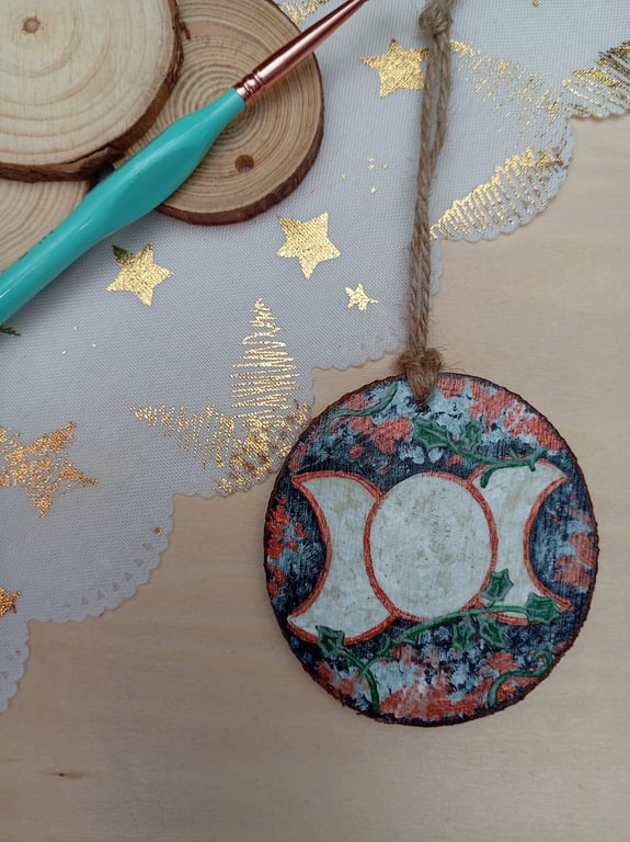 Triple moon hand painted wood slice decoration 