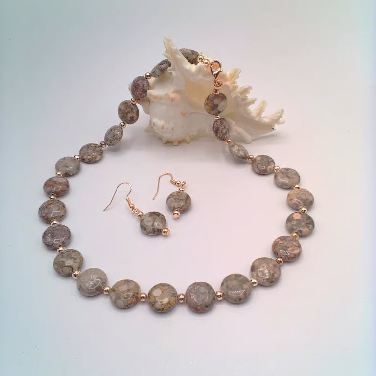 Pinky Brown Fossil Jasper & Gold Bead Necklace and Earrings Set, Gift for Her