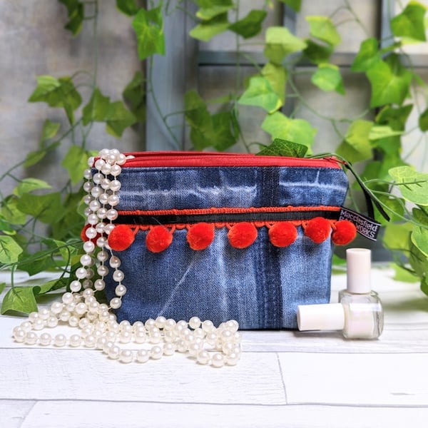 Upcyced Denim Makeup Pouch or Pencil Case with Pom-poms