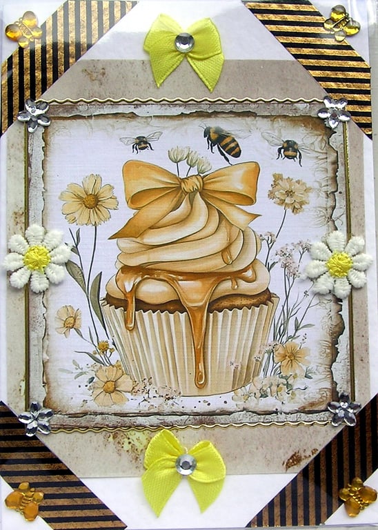 Honey Toffee Cupcake - Hand Crafted Decoupage Greeting Card - Blank 2877