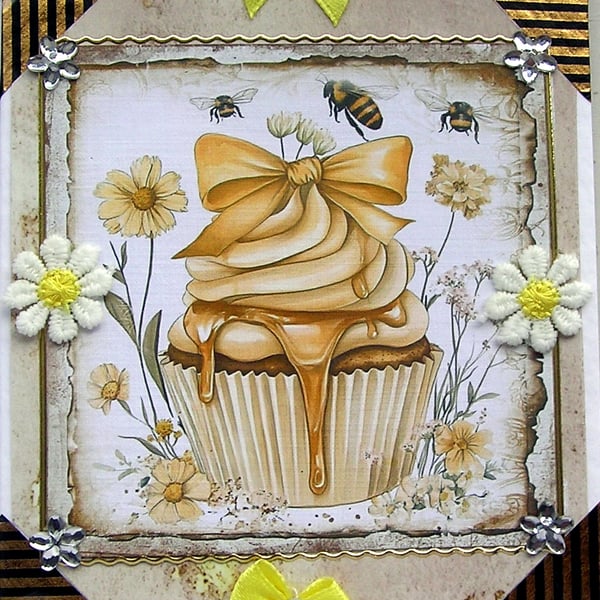Honey Toffee Cupcake - Hand Crafted Decoupage Greeting Card - Blank 2877