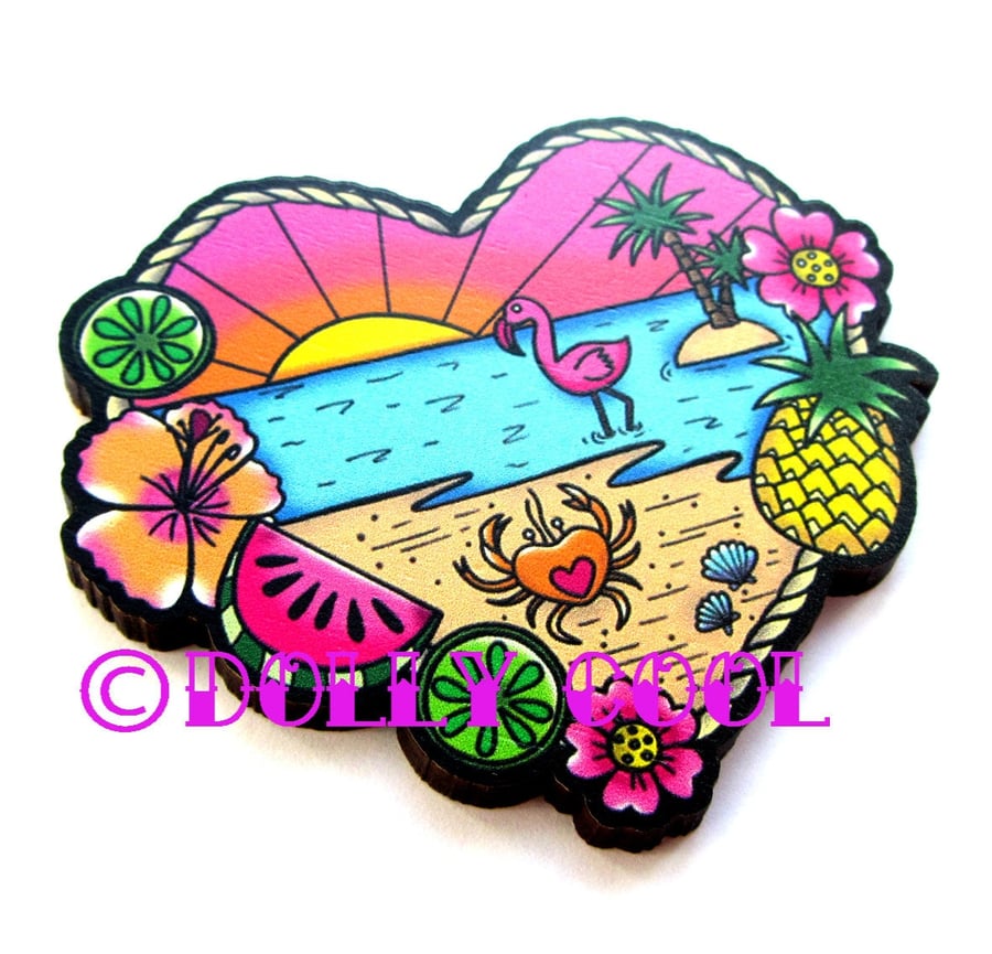 Tropical Beach Scene Brooch by Dolly Cool 40s 50s Reproduction Vintage Style 