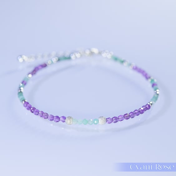 Emerald, Amethyst and Silver dainty handmade beaded bracelet