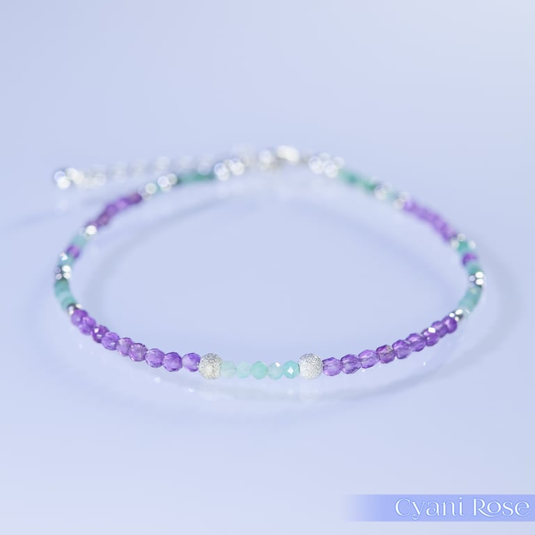 Emerald, Amethyst and Silver dainty handmade beaded bracelet