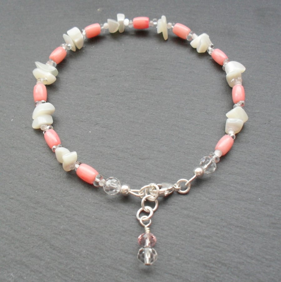 Salmon Pink Coral Mother of Pearl Beaded Anklet