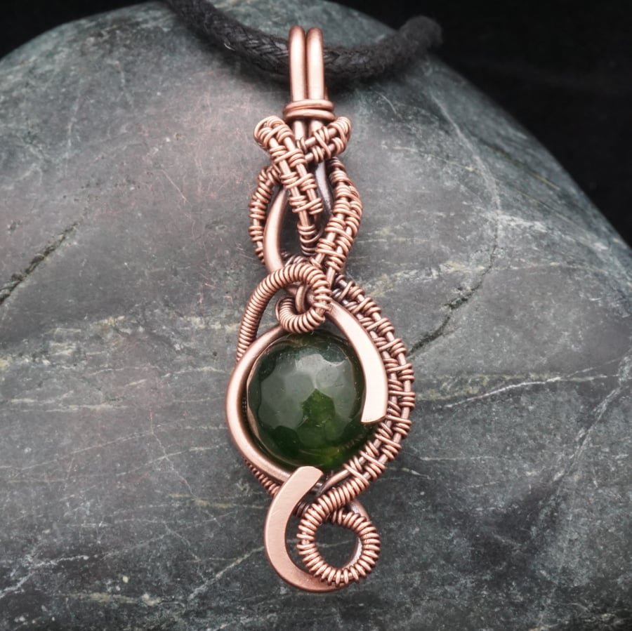Copper Wire Weave Wrapped Green Agate Pendant