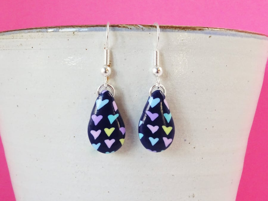 Navy blue teardrop earrings, Colourful heart earrings, Cute pattern earrings