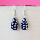 Navy blue teardrop earrings, Colourful heart earrings, Cute pattern earrings