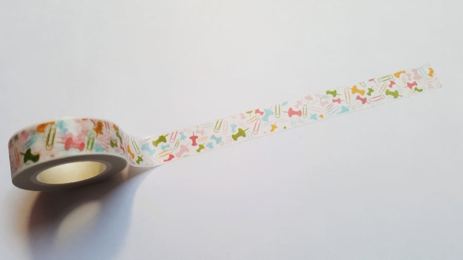 1 x 10m Roll Adhesive Craft Washi Tape - 15mm - Pins & Paperclips - Multicolour