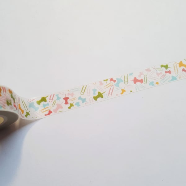 1 x 10m Roll Adhesive Craft Washi Tape - 15mm - Pins & Paperclips - Multicolour