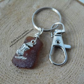 Amber Sea Glass with Mermaid Bag Charm Key Ring K252