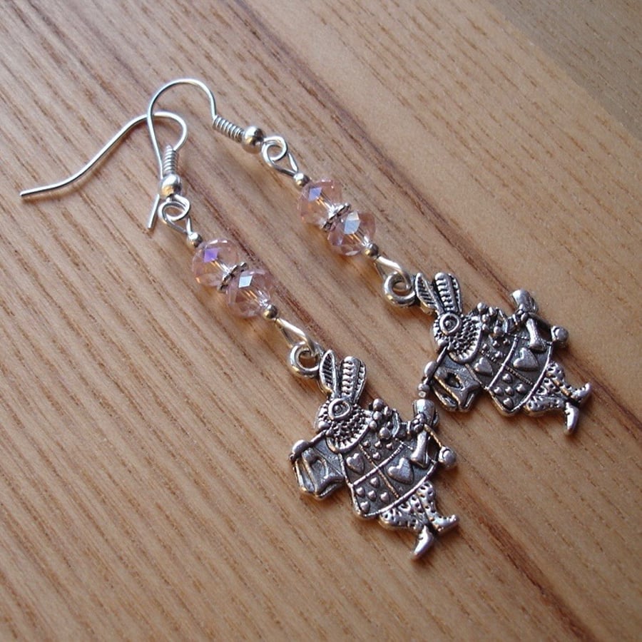 Pink Mad March Hare Charm Earrings, Alice in Wonderland