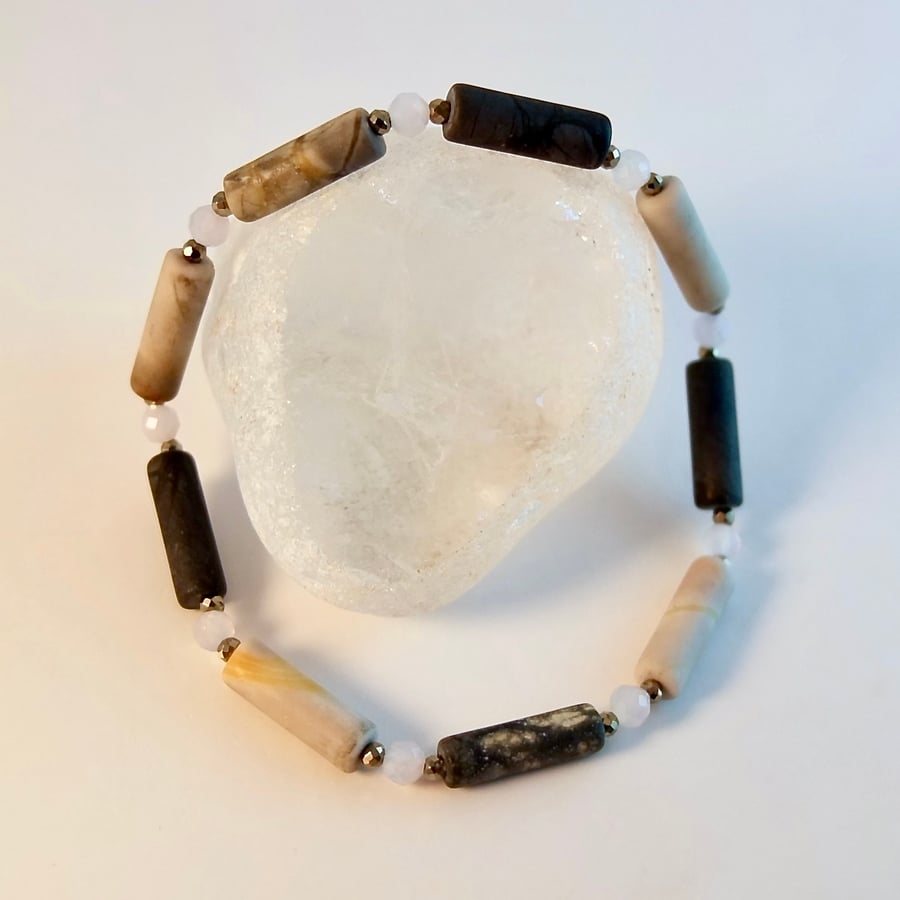 Picasso Jasper Bracelet With Blue Chalcedony And Pyrite - Handmade In Devon