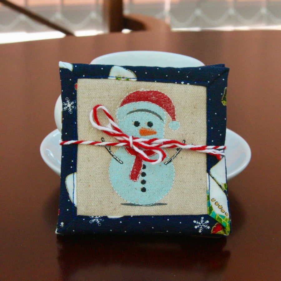 Fun Quilted Christmas Coasters featuring Santa, Snowmen, Trees and Snowflakes.