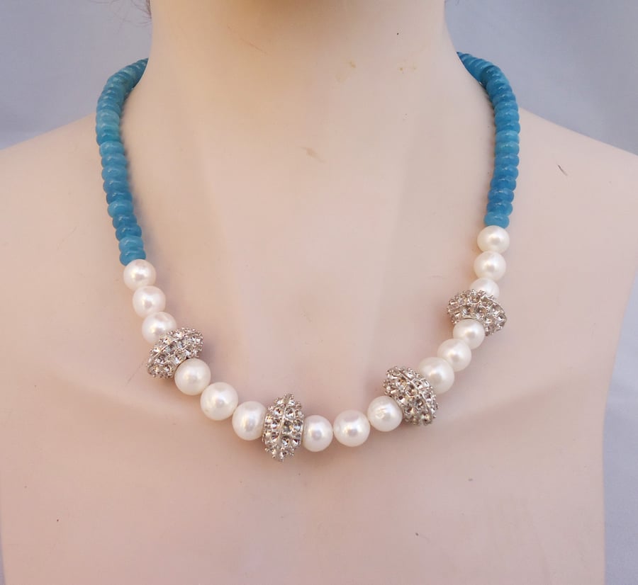 Blue Kyanite and Freshwater Pearls Necklace, Blue and White Gemstone Necklace