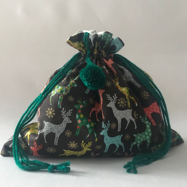 Reusable cotton drawstring gift bag - reindeer fabric