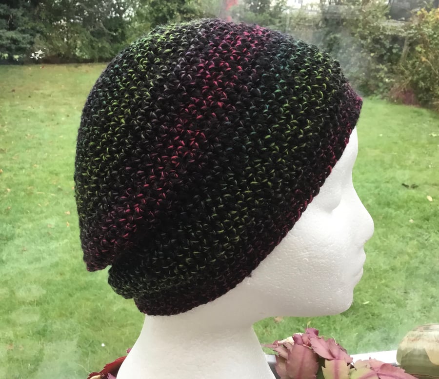Midnight Rainbow! Super Warm Double Layered Crocheted Beanie or Slouchy Hat.