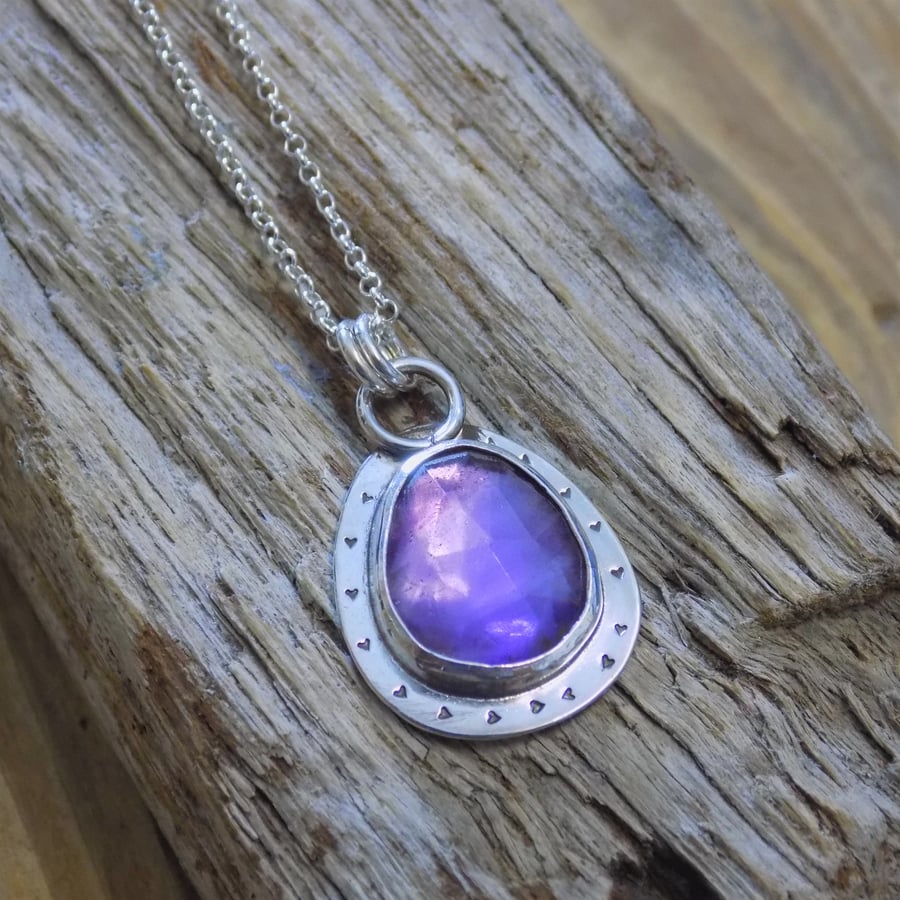 Bezel set silver rose cut amethyst pendant 