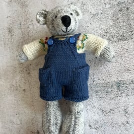 Grey Bear in Fair-isle Jumper and Navy Dungarees, 10” Tall
