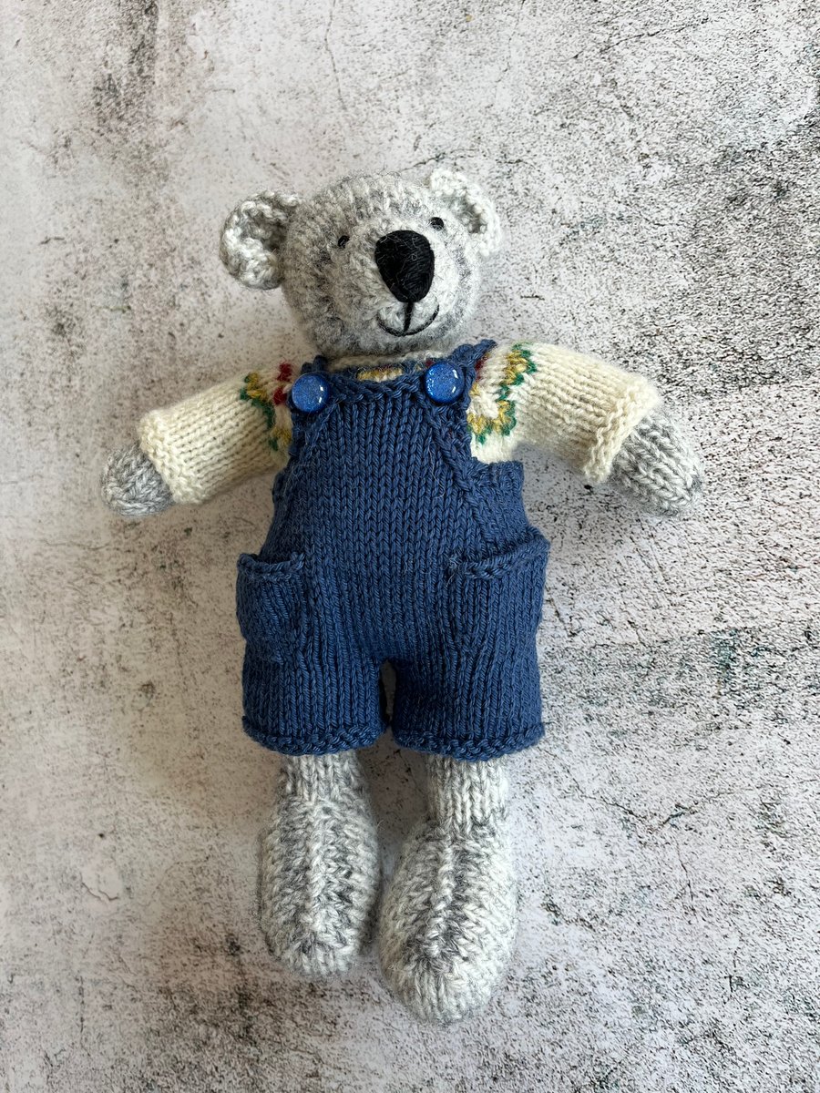 Grey Bear in Fair-isle Jumper and Navy Dungarees, 10” Tall