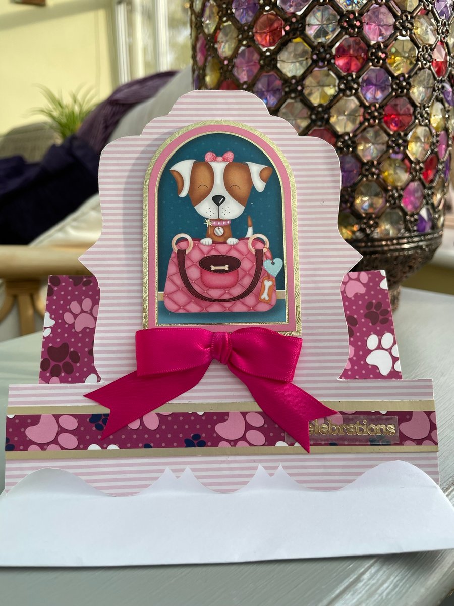 Cute puppy and handbag fancy shape celebration card