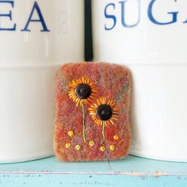 Felted Brooch. Sunflower Brooch. Embroidered Brooch. 