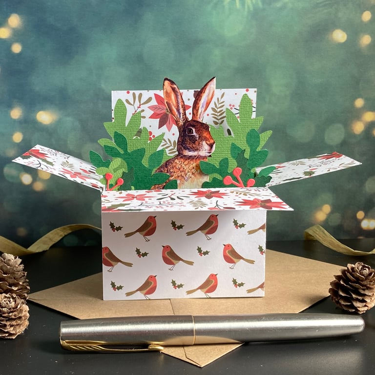Hare Christmas Card. 3D box card. Personalised Christmas gift card holder.