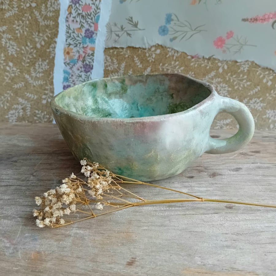 Tea cup mug,pinched pot earthenware ceramic,green crackle glaze, rustic