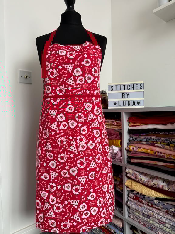 Handmade Christmas Apron Festive Holiday Print, Unisex Cotton Canvas Xmas Apron