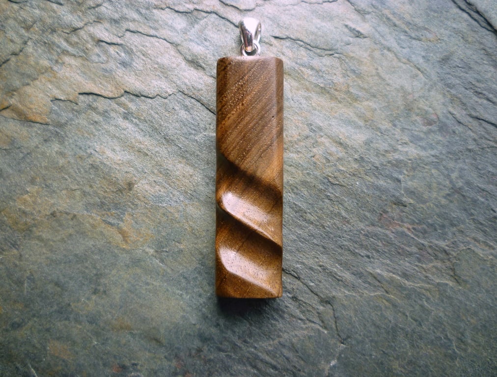 Carved Walnut Wood Pendant, silver bail