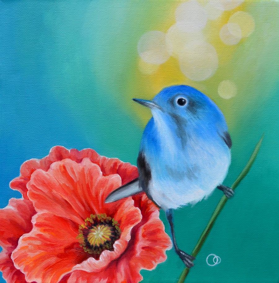 "Little Blue" Original Oil Painting Blue Bird Red Poppy Nature Art