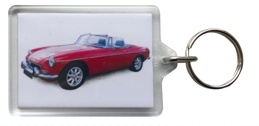 MGB Convertible 1972 (Red) - Keyring with 50x35mm Insert - Car Enthusiast
