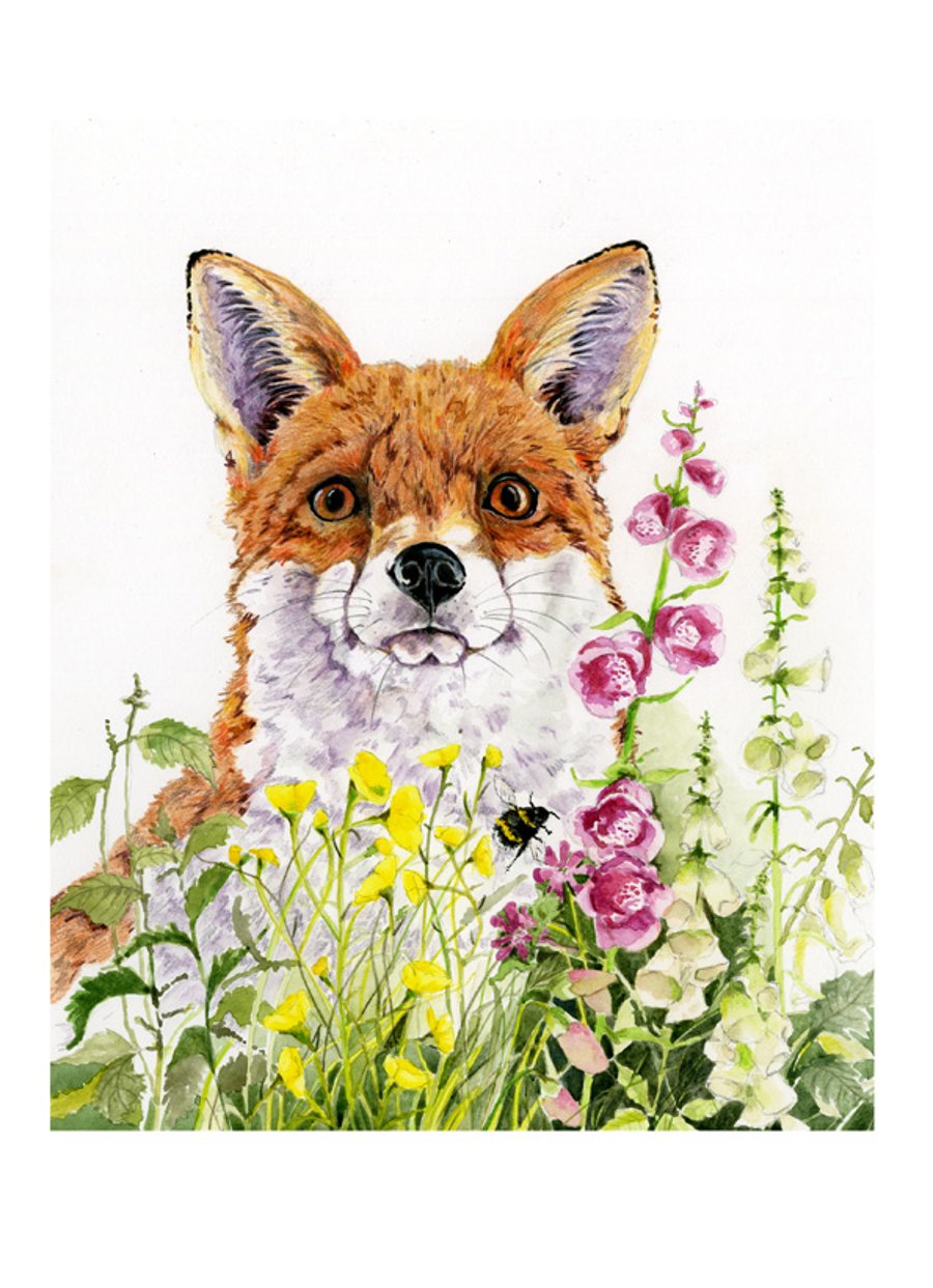 Foxglove Garden 8x11inch gilcee print of Fox in Garden