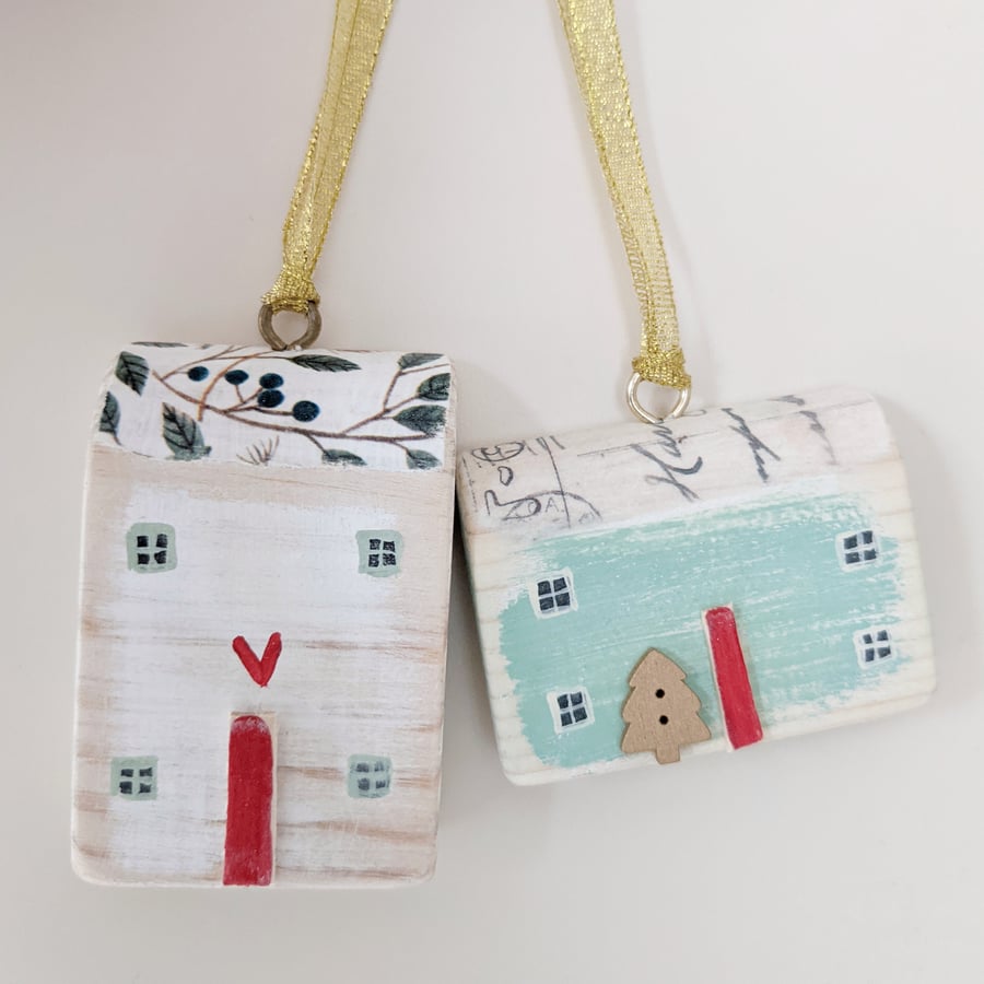 Set of 2 Wooden Christmas House Hanging Decorations