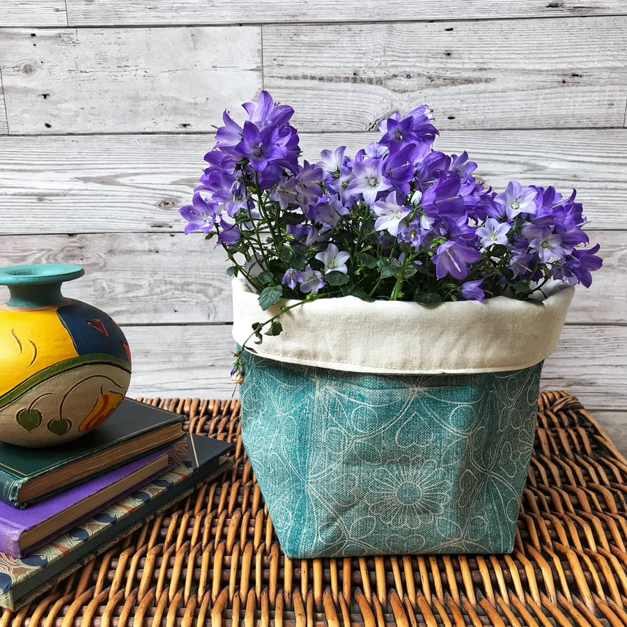 Hand Printed Linen Storage Basket, Textile Basket, Plant Pot - Teal Blue
