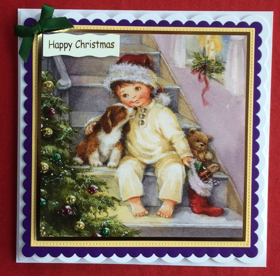 Christmas Card Little Boy Puppy Teddy 3D Luxury Handmade Card