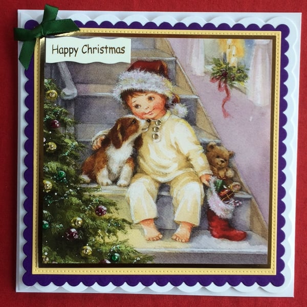 Christmas Card Little Boy Puppy Teddy 3D Luxury Handmade Card