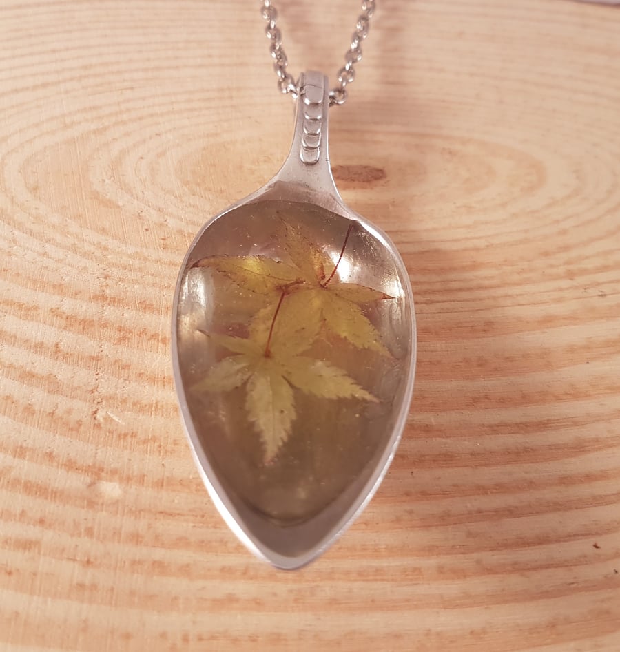 Upcycled Silver Plated Acer Leaf Resin Spoon Necklace SPN081701