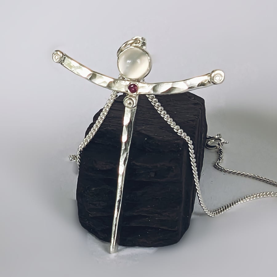 Sterling Silver Moonstone and Ruby Pendant, Handmade Urban Jewellery Design