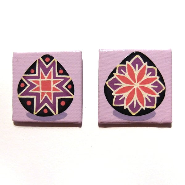 2 Purple Pysanky Fridge Magnets - art of Ukrainian style Easter eggs, small gift