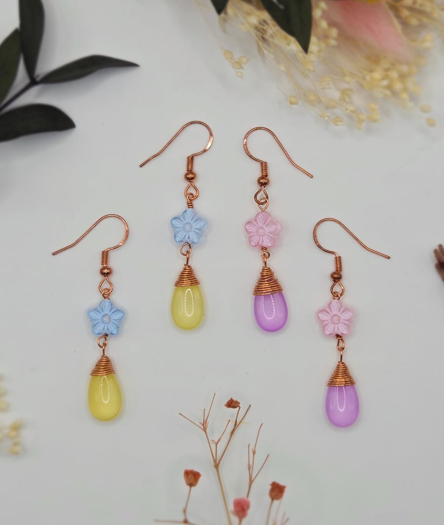Handmade dainty flower glass bead dangle earrings, copper wire-wrapped