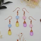 Handmade dainty flower glass bead dangle earrings, copper wire-wrapped