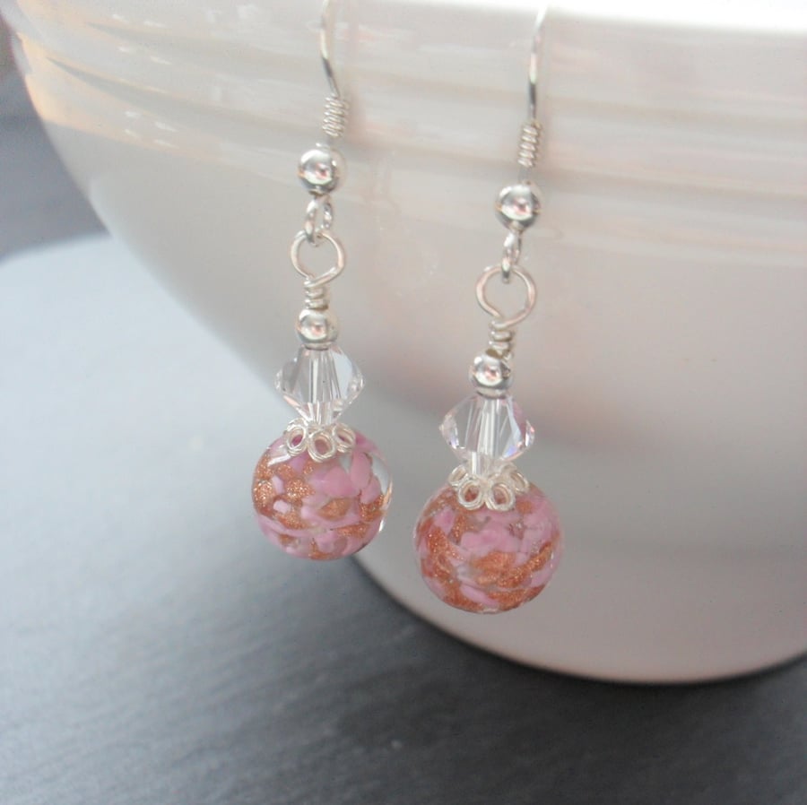 Pink Murano Glass Earrings Sterling Silver With Crystals