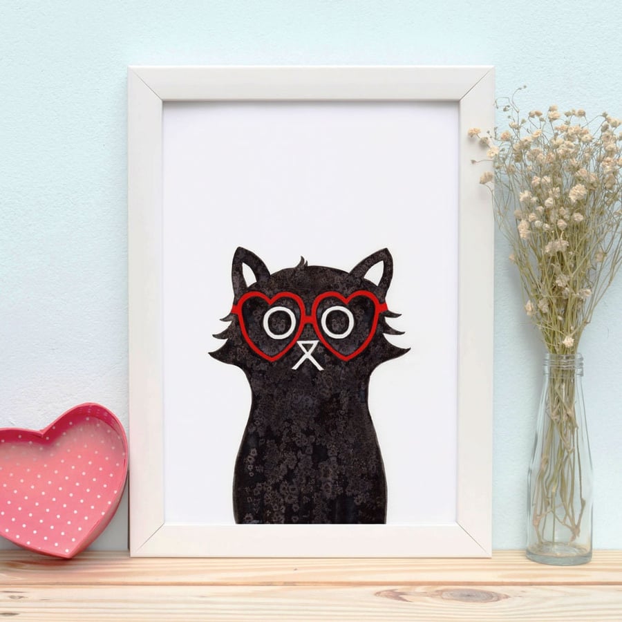 Black Cat Wall Art Print, Love Print, Valentines Gift, Cat Art Print, Black Cat 