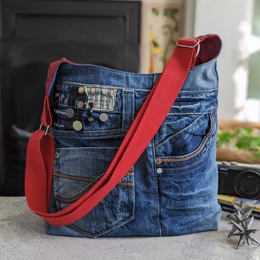 Recycled Denim Bucket Bag with Red and Green Lining (Red Strap)