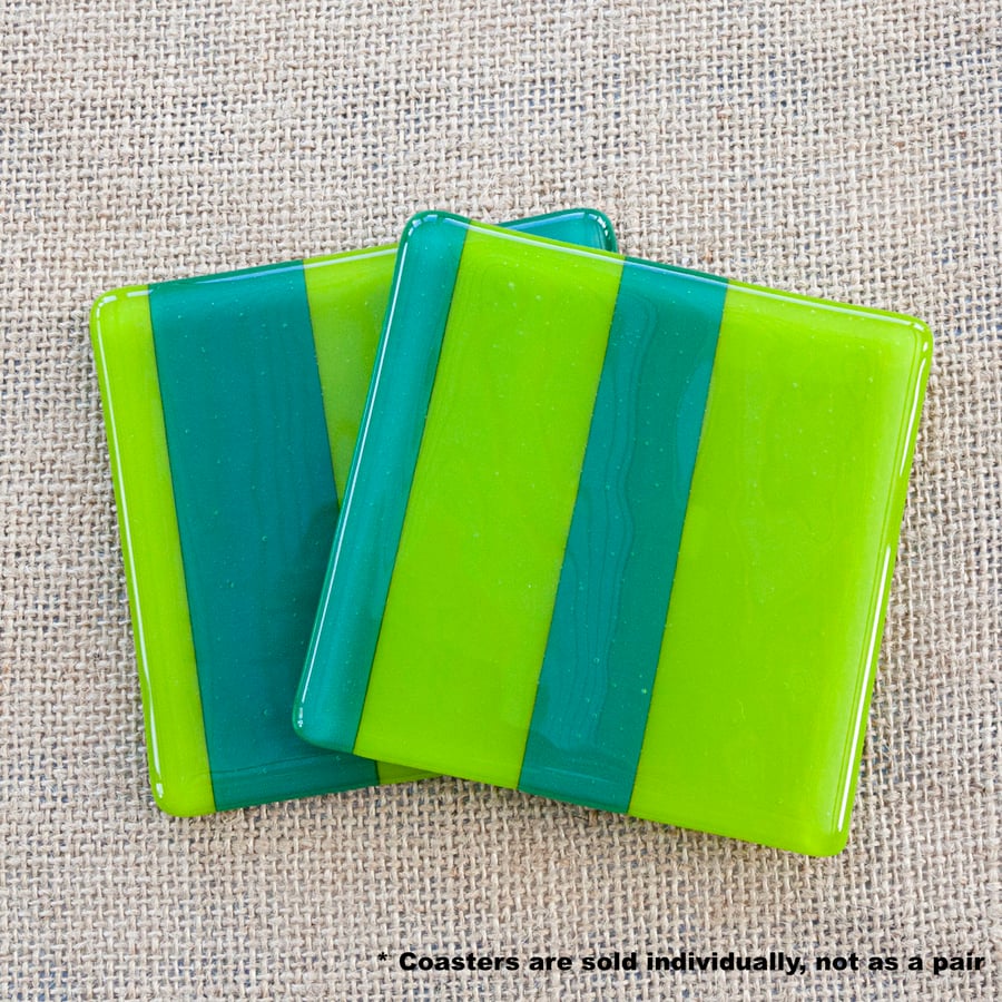 Asymmetrical Green Striped Fused Glass Coasters